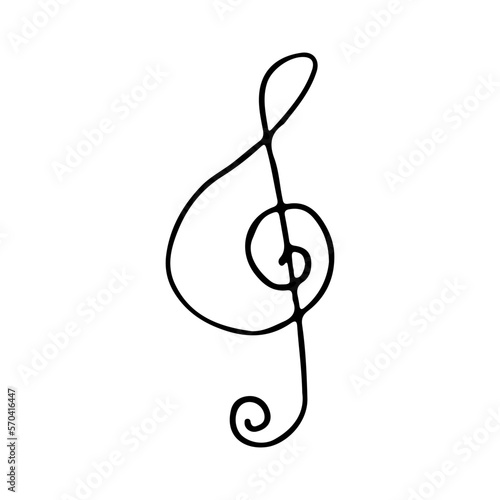 Treble g clef symbol. Doodle style drawn treble clef isolated on white background. Music note sign.