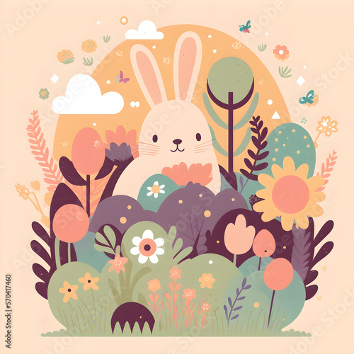 Cute Easter Illustration with Flowers and Clouds 