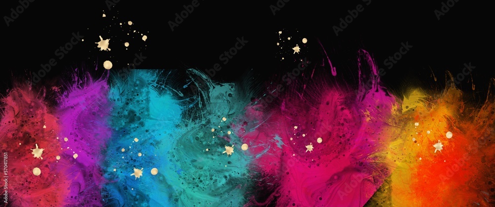 Color explosion, abstract paint on black background, multicolor brush strokes, design graphic for background