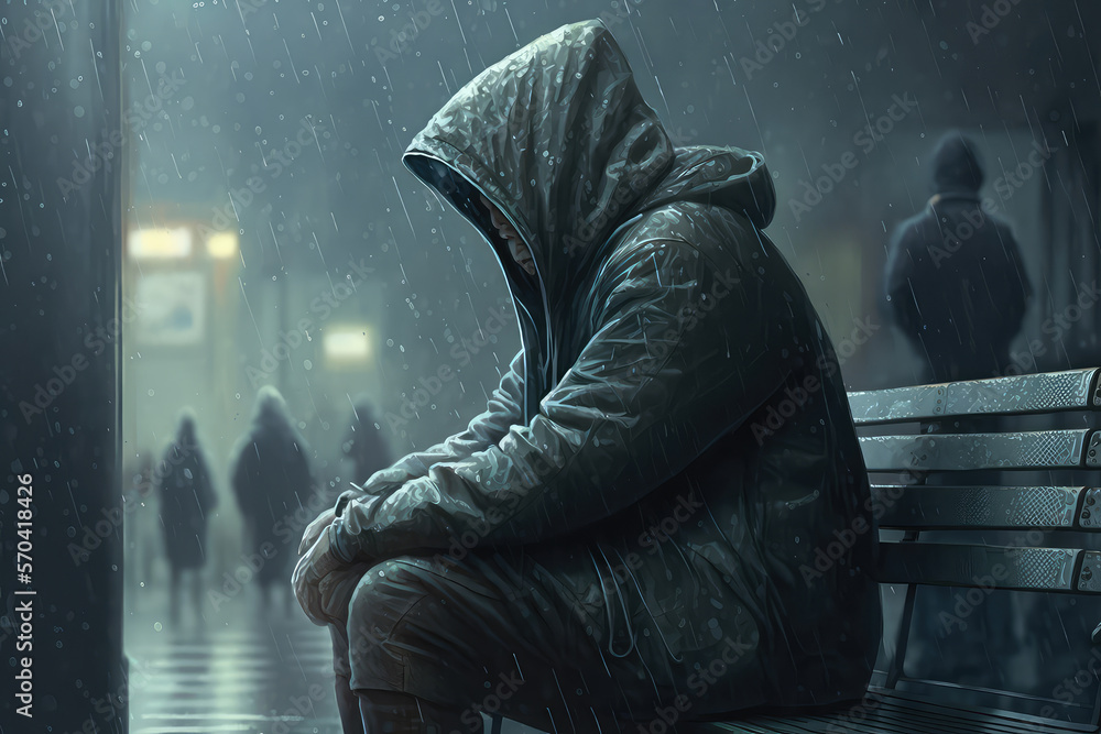 A digital 3d illustration of a man sitting outside in the rain while