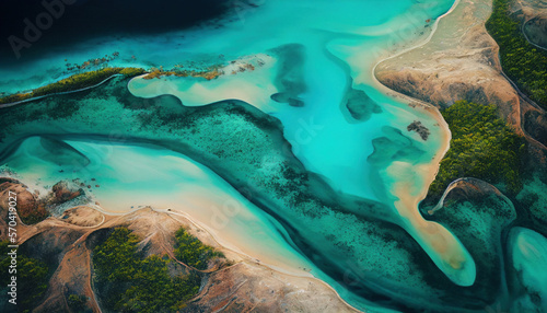 Die Welt von oben – Generative Luftaufnahme einer wundervollen Insel-Landschaft mit Meer, Sand, Dünen und Wellen, KI-generiert