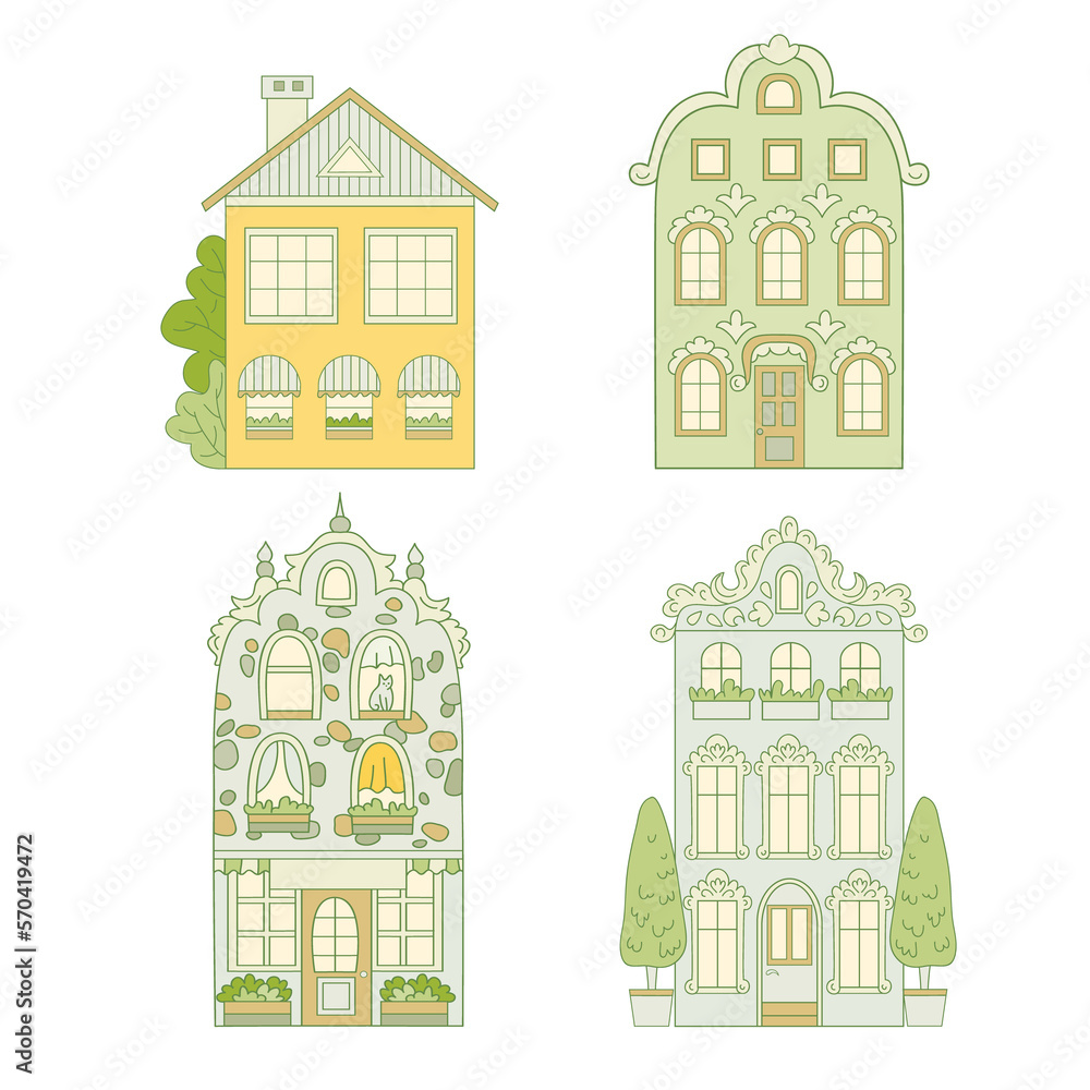 Isolated vector set of Small and tiny houses. Home facade with doors and windows. Residential buildings in retro style.