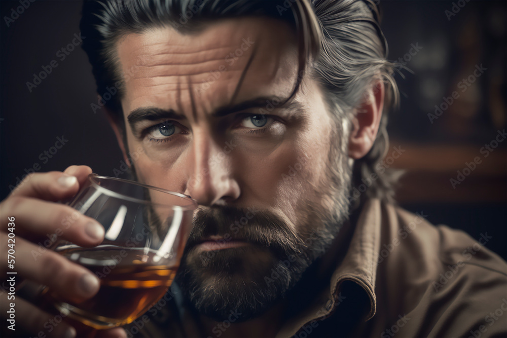 handsome man in luxurious clothes and drinking whiskey, with serious face. generative AI