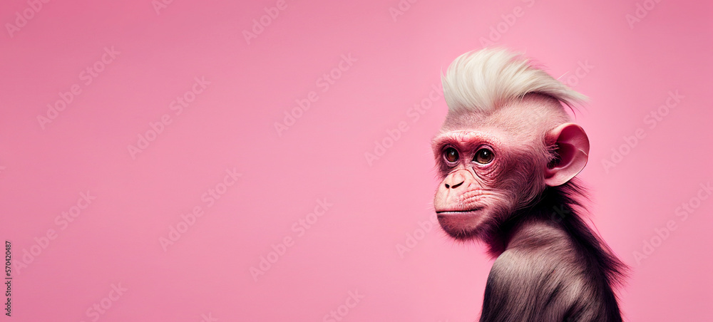 Monkey with white modern hairstyle on pink background with copy space. Illustration AI
