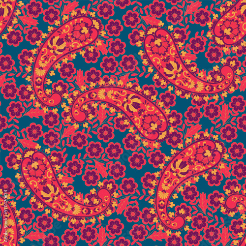 Floral fabric background with paisley ornament. Seamless illustration pattern