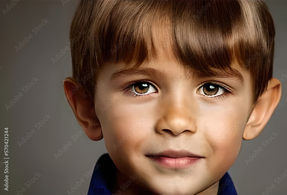 Close up portrait of cute white-skinned boy looking at camera at copy space isolated on gray studio background. Generative Ai Close up portrait of cute white-skinned boy looking at camera at copy space isolated on gray studio background. Generative Ai