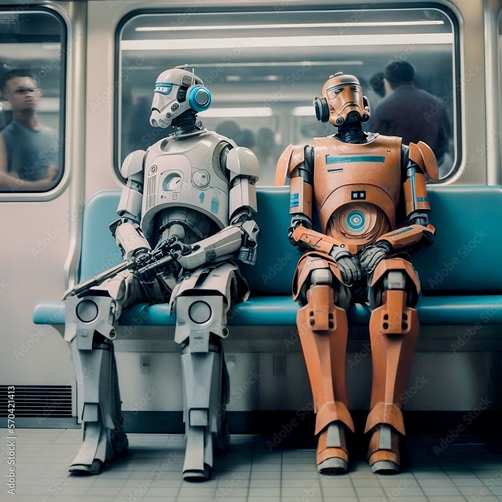 Naklejka premium Robots in normal life. (On the subway)