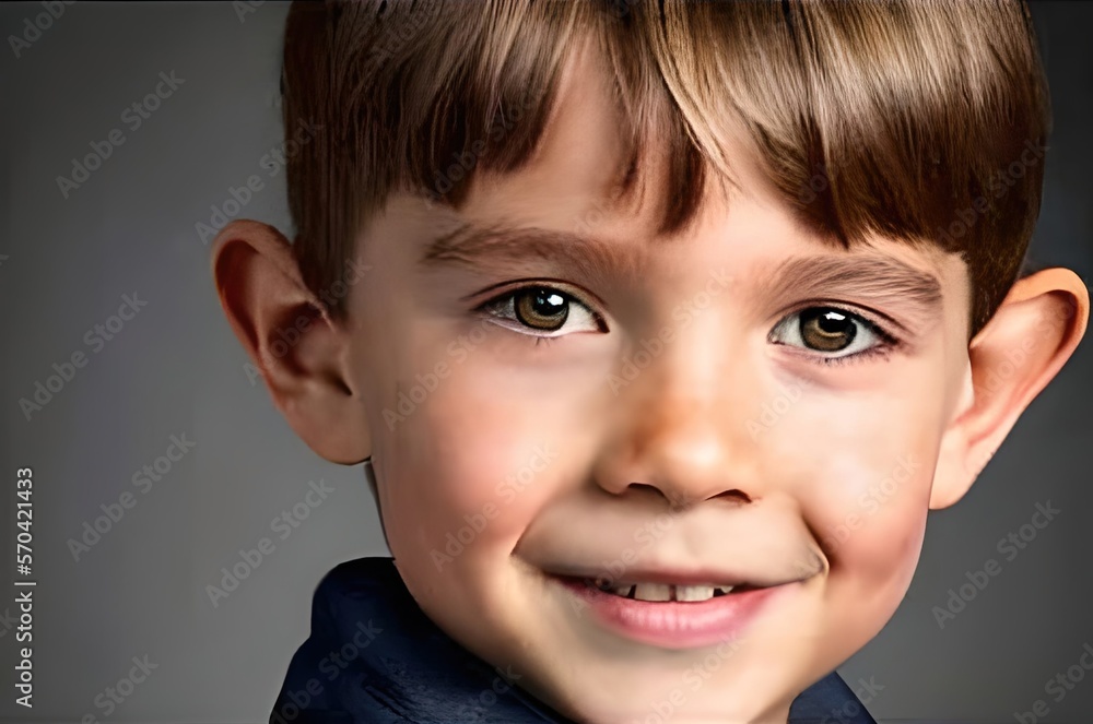 Close up portrait of cute white-skinned boy looking at camera at copy space isolated on gray studio background. Generative Ai Close up portrait of cute white-skinned boy looking at camera at copy space isolated on gray studio background. Generative Ai