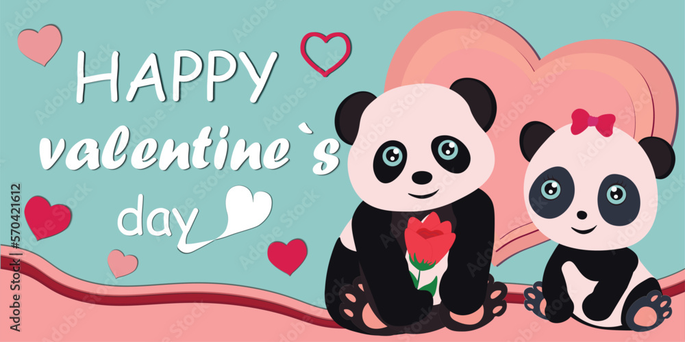 pandas in love on valentine's day on pink heart background