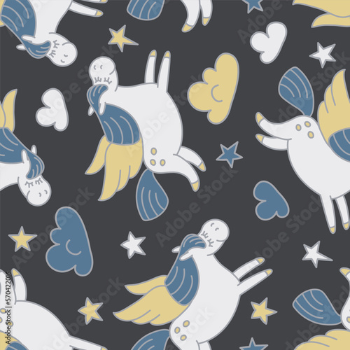 Cute flying horses in night sky. Pegas seamless vector pattern