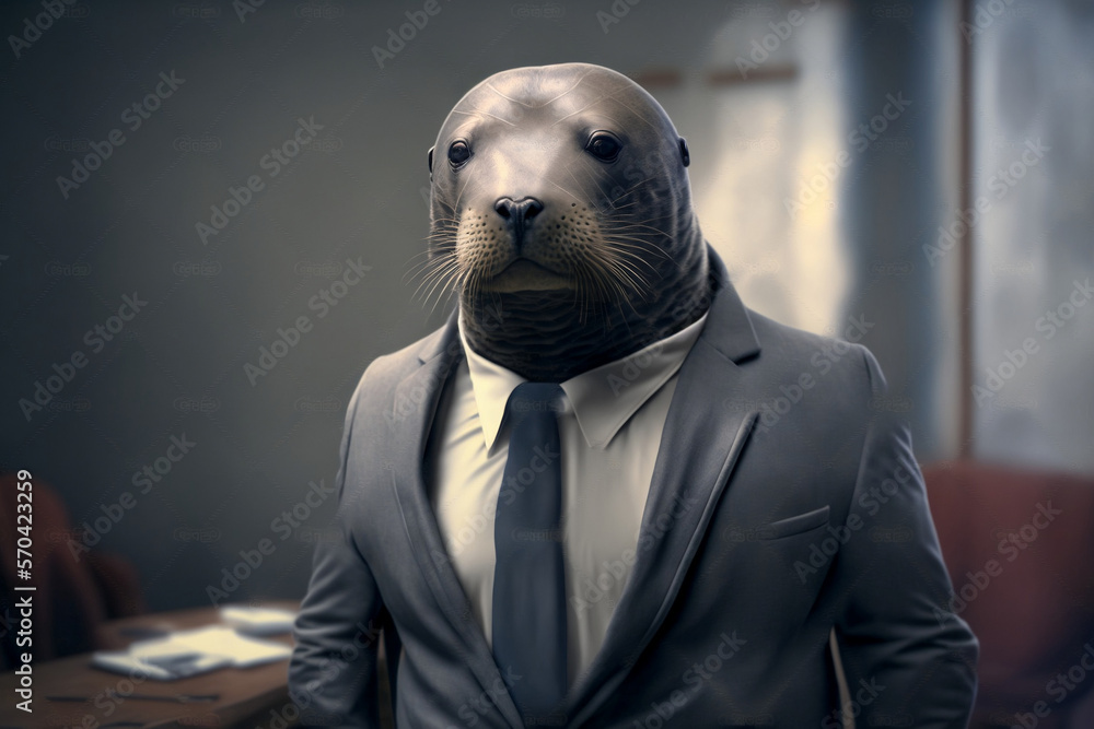 Portrait of a Seal Dressed in a Formal Business Suit at The Office