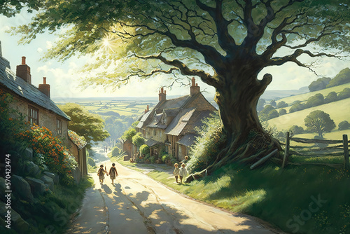 a picturesque summer alley surrounded by old trees and landscaped hills. Children are playing in the alley, and the sun is bright in the sky. village, art illustration  © vvalentine