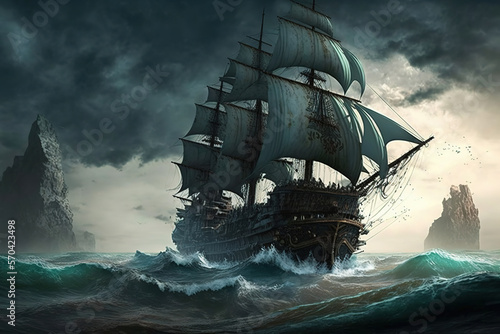 a ship on open seas. fantasy. gothic, art illustration 