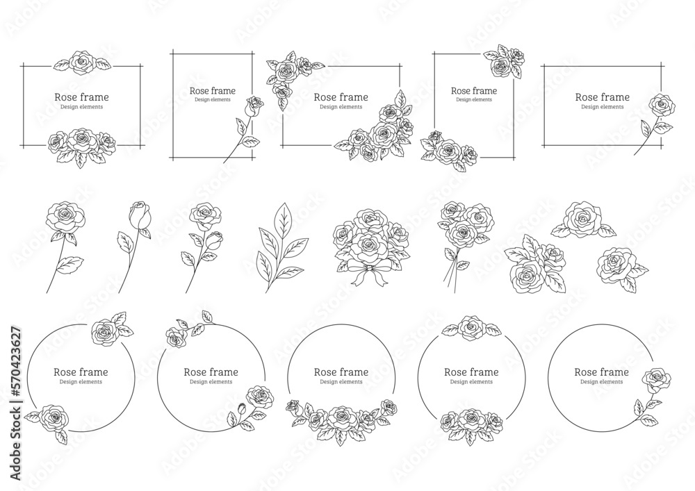 薔薇の花の装飾フレーム, デザイン要素としてのイラスト素材セット, 薔薇の花の挿絵, 白背景に黒色の線画.