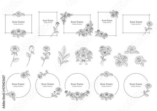 薔薇の花の装飾フレーム, デザイン要素としてのイラスト素材セット, 薔薇の花の挿絵, 白背景に黒色の線画.