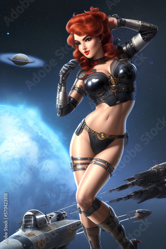 Illustration of a PinUp Girl in outer space with red hair and singing - Generative AI