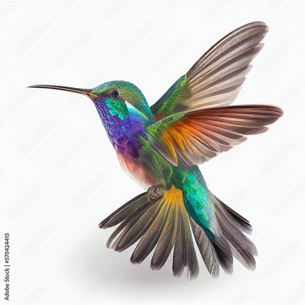 Fototapeta premium Beautiful little bird hummingbird purple blue iridescent color isolated on white close-up 