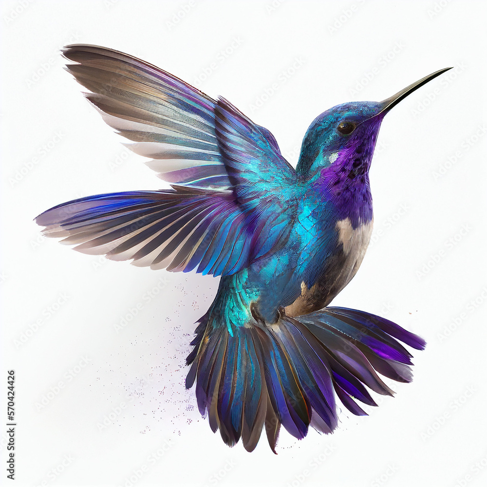 Beautiful little bird hummingbird purple blue iridescent color isolated on white close-up