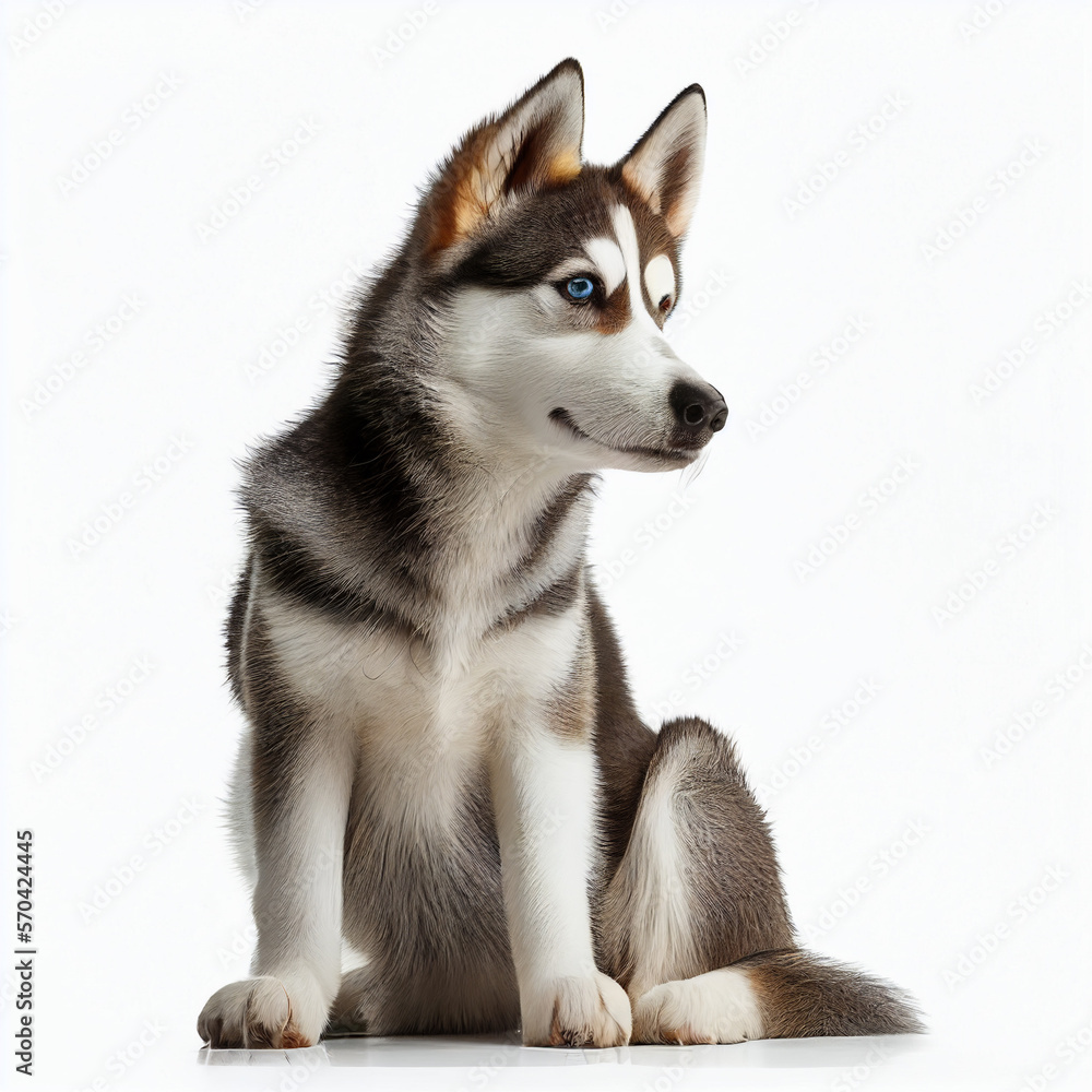 Cute nice dog breed husky, dog whith blue eyes isolated on white close-up, beautiful pet	 