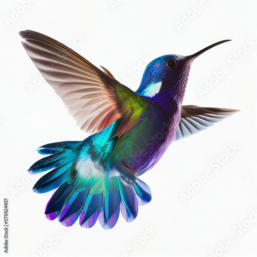 Beautiful little bird hummingbird purple blue iridescent color isolated on white close-up