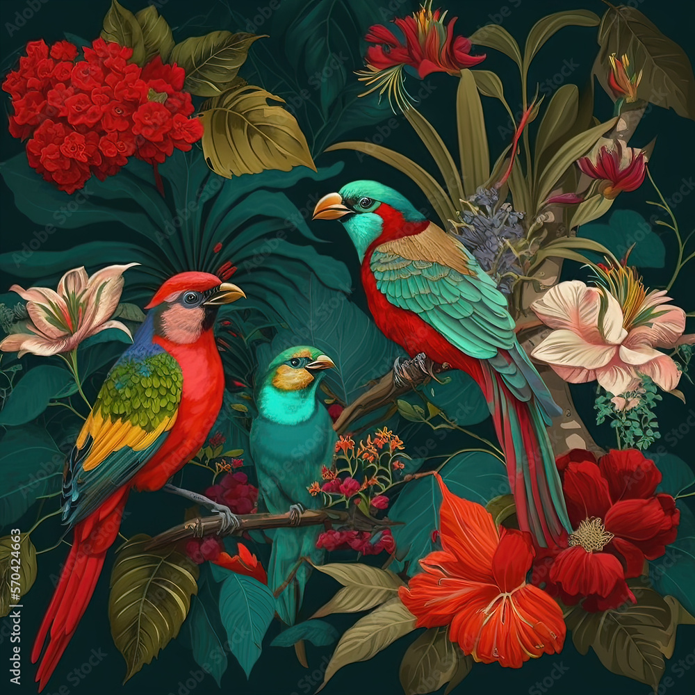 Fototapeta premium Forêt tropicale de Bali avec plusieurs oiseaux et fleurs colorés, plantes. Idéal pour les affiches, les papiers peints.