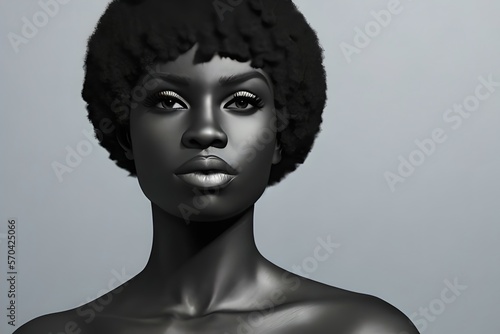Beautiful black woman. Beauty portrait of African American woman with clean healthy skin in black and white. Serious beautiful afro girl. Curly black hair.
Close up. Generative AI