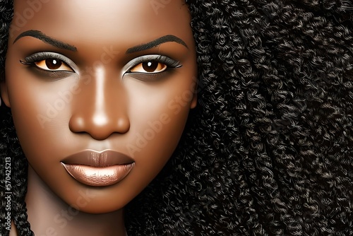 Beautiful black woman. Beauty portrait of African American woman with clean healthy skin in black and white. Serious beautiful afro girl. Curly black hair.
Close up. Generative AI