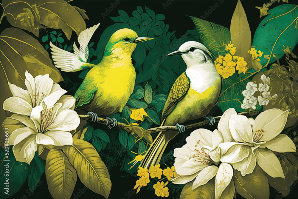 Forêt tropicale de Bali avec plusieurs oiseaux et fleurs colorés