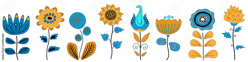 A simple set of stylised blue and yellow flowers arranged in a row. Pattern with ethnic abstract Ukrainian flowers