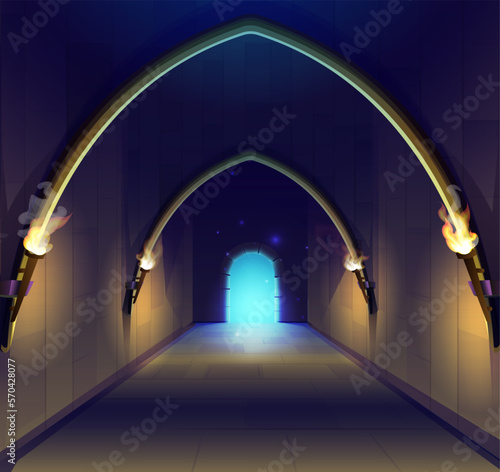 Vector cartoon style illustration. Old medieval castle dungeon hall with flame light torches and spooky caged door.