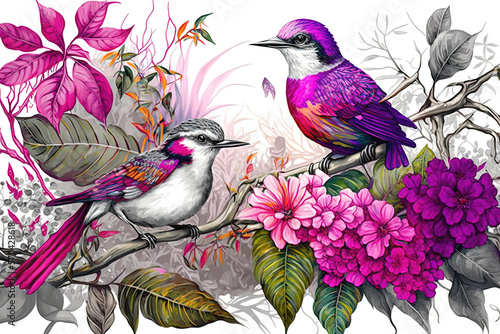 Forêt tropicale de Bali avec plusieurs oiseaux et fleurs colorés, plantes. Idéal pour les affiches, les papiers peints. photo