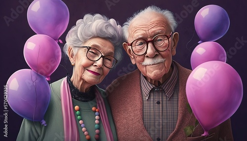 cute elderly couple, grandma and grandpa standing next to each other holding many pink and purple balloons and are still in love