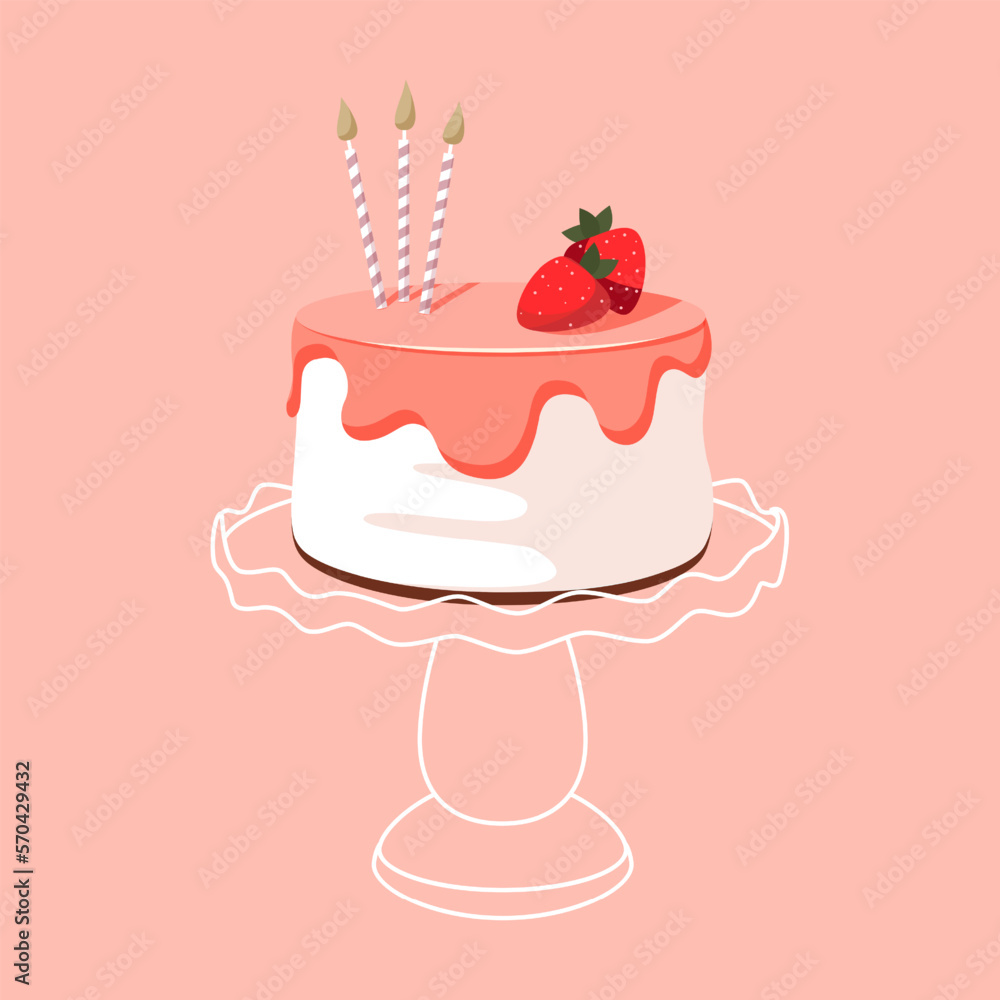 Cartoon birthday cake cupcake with strawberry and candles stand for celebration design. Colorful cartoon vector illustration. Sweet holiday food. Cartoon birthday cake cupcake with strawberry and candles stand for celebration design. Colorful cartoon vector illustration. Sweet holiday food.
