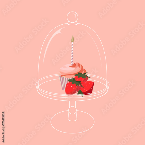 Cartoon birthday pink cupcake with strawberry and candle on white empty stand for celebration design © Ira Kozhevnikova