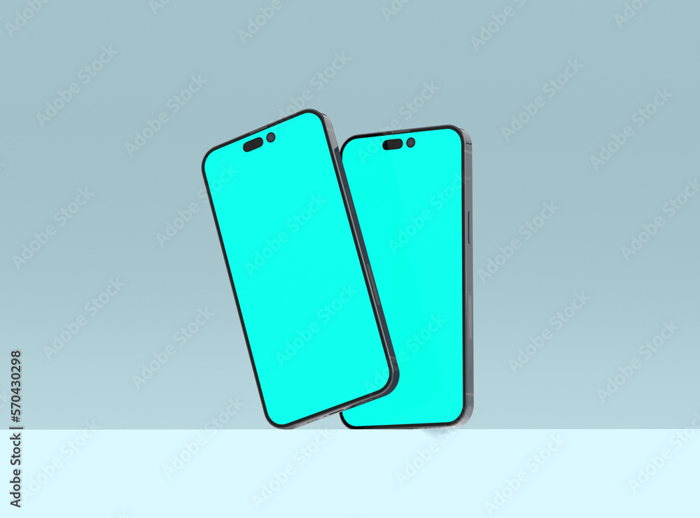 Two smartphones 14 pro max mockup for App and Website UI branding. 2 Phones in front and back side. 3D render Two smartphones 14 pro max mockup for App and Website UI branding. 2 Phones in front and back side. 3D render