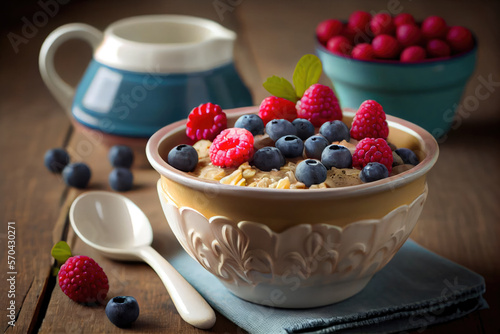 Bowl of muesli with berries, Delicious healthy breakfast meal, porridge oat for vegetarian. Generative AI