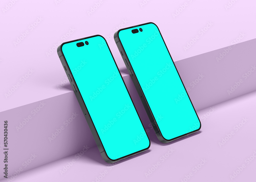 Smartphones 14 pro max mockup for App and Website UI branding. 2 Phones in front. 3D render Smartphones 14 pro max mockup for App and Website UI branding. 2 Phones in front. 3D render
