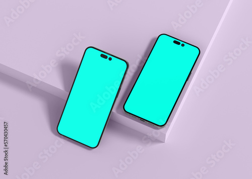 Two smartphones 14 pro max mockup for App and Website UI branding. 3D render