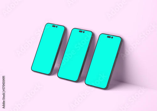 Fototapeta Naklejka Na Ścianę i Meble -  Three smartphones 14 pro max mockup for App and Website UI branding. 2 Phones in front and back side. 3D render