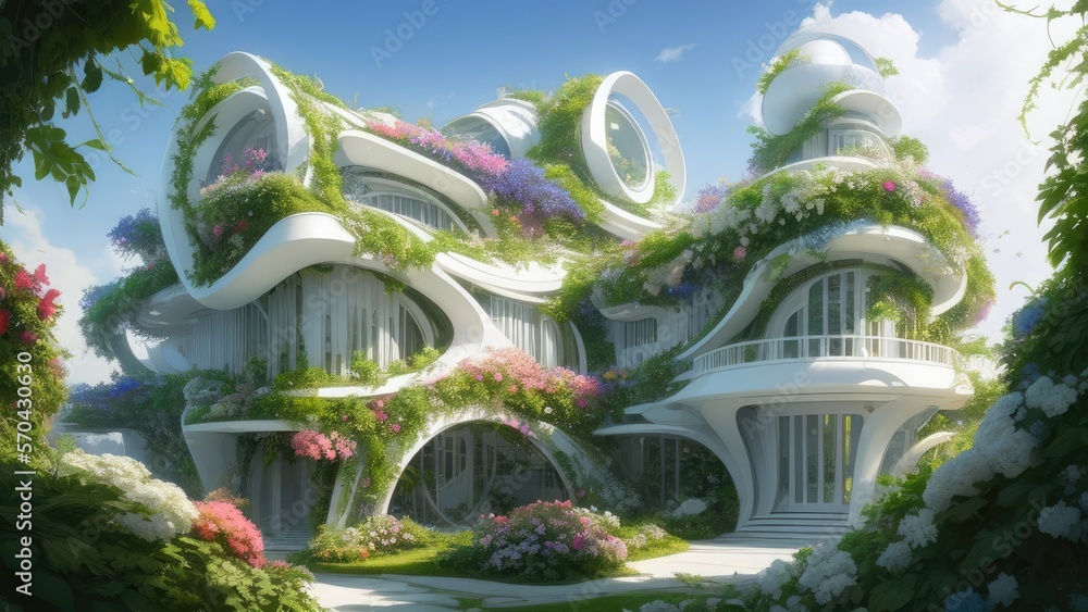 Fototapeta premium Futuristic eco-buildings with beautiful hanging gardens on the facades.