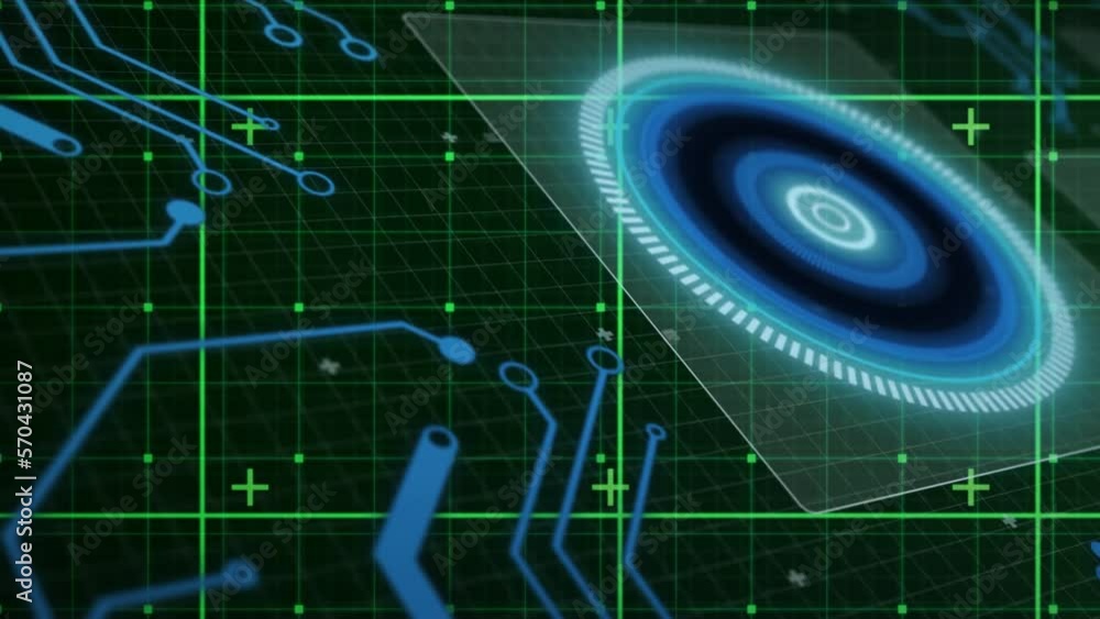 Animation of illuminated circles in square over circuit board pattern against abstract background Animation of illuminated circles in square over circuit board pattern against abstract background