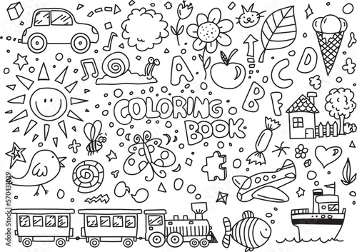 Kids coloring book, hand drawn vector doodles
