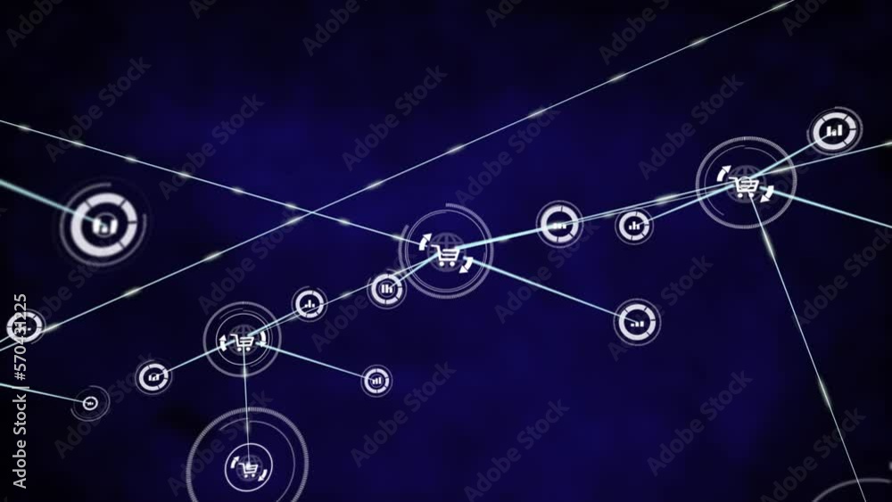 Animation of graphs and shopping carts icons connected with lines against blue background Animation of graphs and shopping carts icons connected with lines against blue background