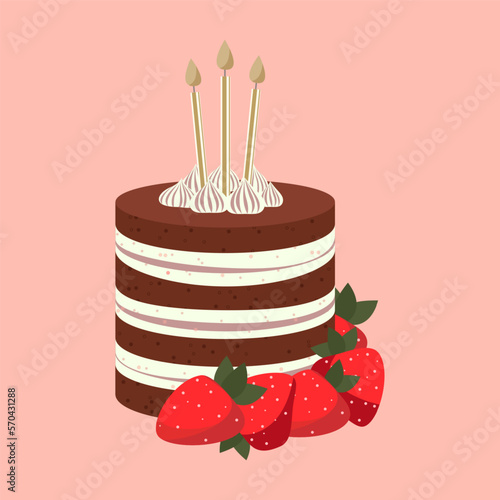 Cartoon birthday brownie chocolate cake with strawberry, cream and candles for celebration design. Colorful cartoon vector illustration. Sweet holiday food. © Ira Kozhevnikova