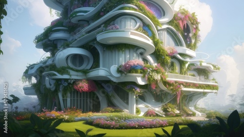 Futuristic eco-buildings with beautiful hanging gardens on the facades.