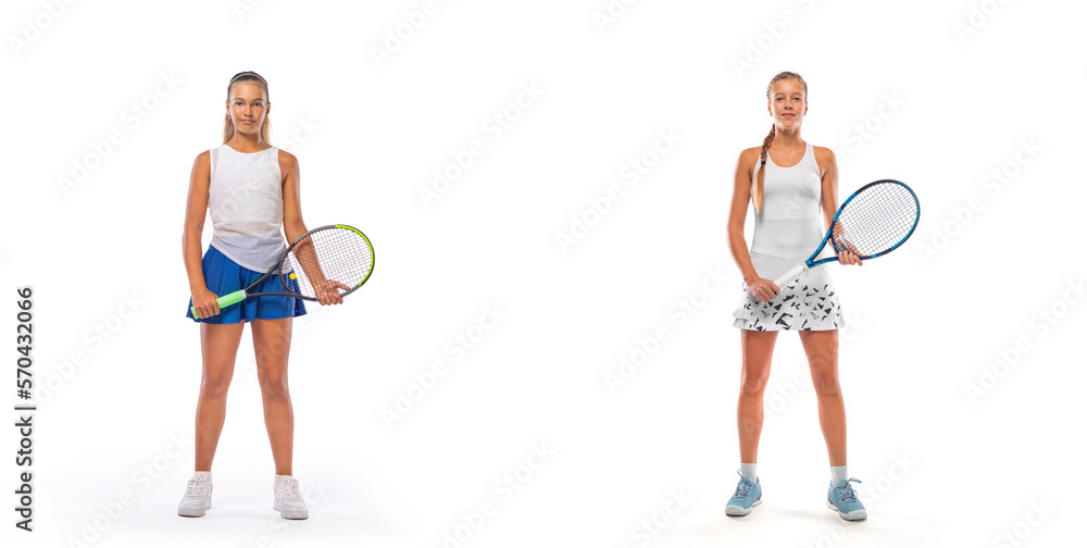 Tennis player. Girl teenager athlete with racket isolated on white background. Download photo for advertising in sports websites about tennis and sports. Tennis player. Girl teenager athlete with racket isolated on white background. Download photo for advertising in sports websites about tennis and sports.