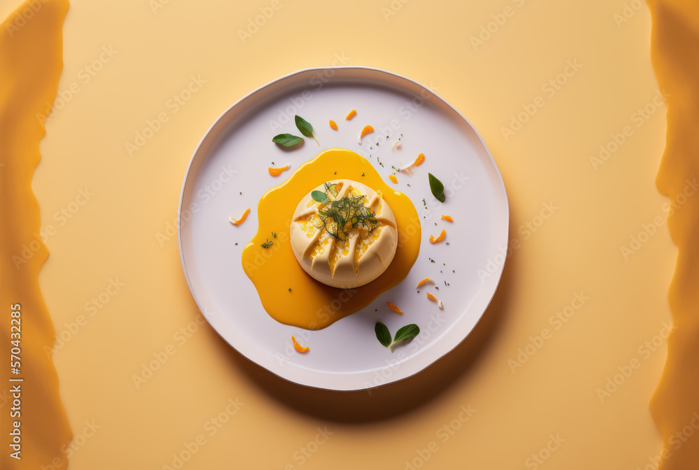 Dumpling de gelatina de coco con salsa de limón y plátano, creada con IA generativa Dumpling de gelatina de coco con salsa de limón y plátano, creada con IA generativa