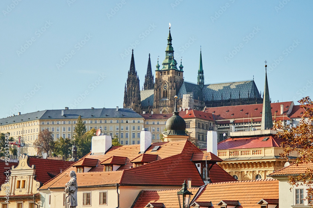 Saint Vitus Cathedral and Prague Castle, main tower with clock and church towers.