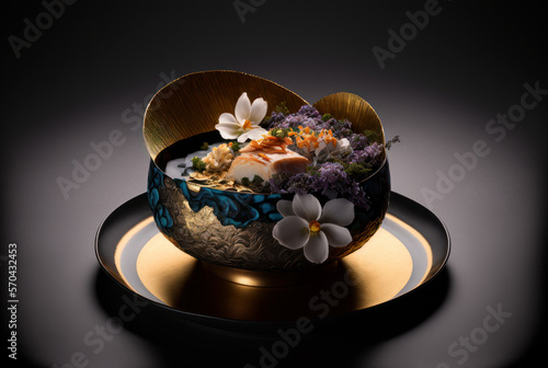 Sopa de tallarines con flor de loto y atún rojo en salsa de soja de miso con algas de remolacha, creada con IA generativa photo