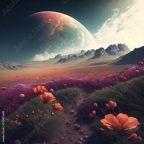 field with flowers and a vieuw of another planet photo